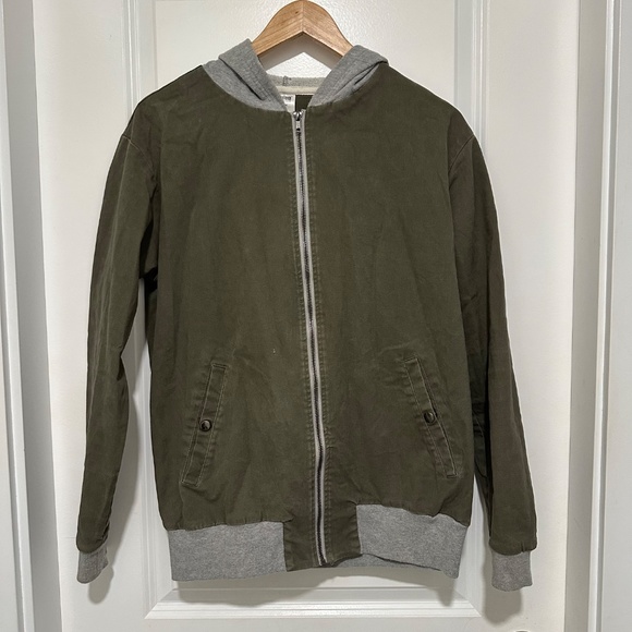 Balera |  Olive Green Utility Jacket / Bomber Jacket with Gray Hood and Cuffs - Picture 2 of 7
